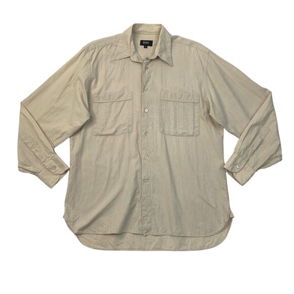 Vintage Hugo Boss Shirt Mens M Medium Putty Beige Pleated Back Cotton Pockets - Picture 1 of 10